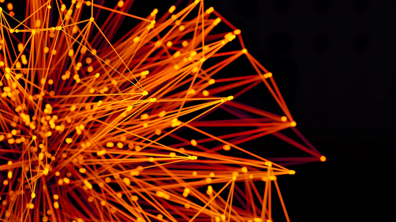 Abstract network of glowing orange nodes and lines on a dark field, representing one methodology connected across every client in AI service delivery