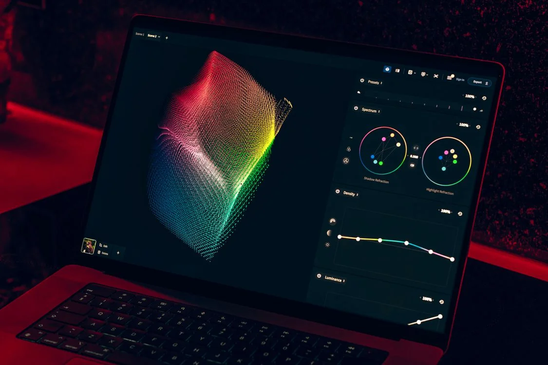 Colorful data visualization on a laptop screen, representing information generated at near-zero cost as AI reshapes the info product market