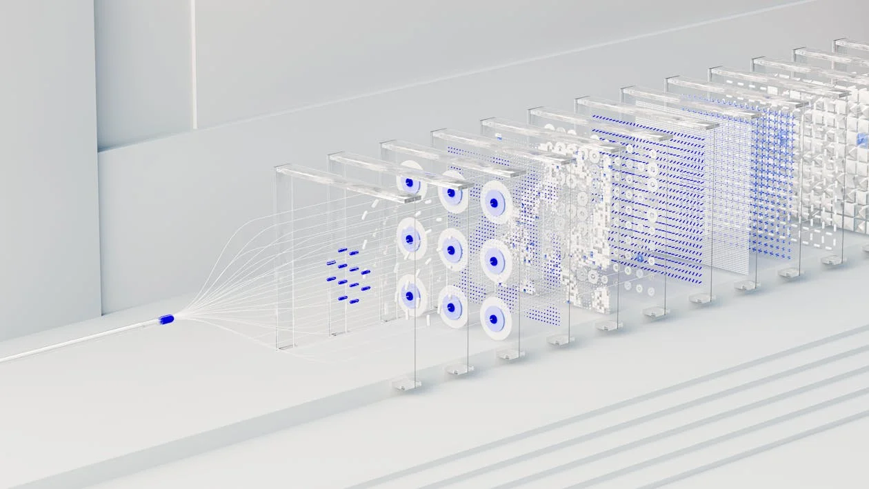 Abstract neural network data flow visualization — the architecture of an AI system that applies your methodology to every client