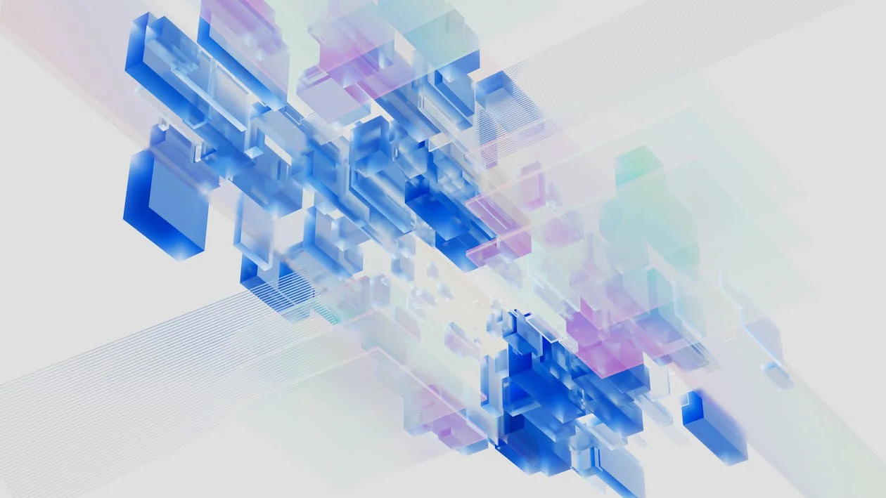 Abstract blue and pink 3D blocks visualizing how a neural network perceives data, the architecture behind a per-client AI workspace