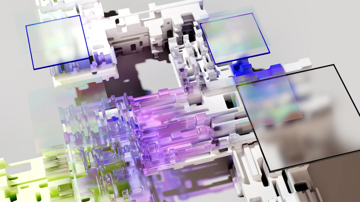 Layered translucent components assembling into one structure, representing a methodology loaded once and applied to every client by AI