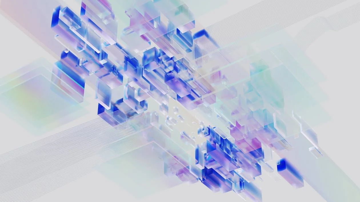 Scattered translucent glass cubes drifting apart, representing a consulting methodology that lives in fragments and never gets productized