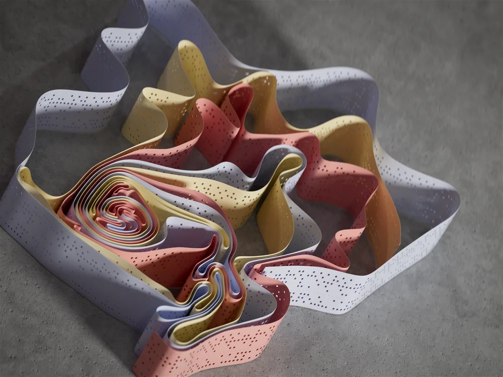 Multicolored ribbons visualizing how information flows through an AI model, representing a coaching methodology applied to every client