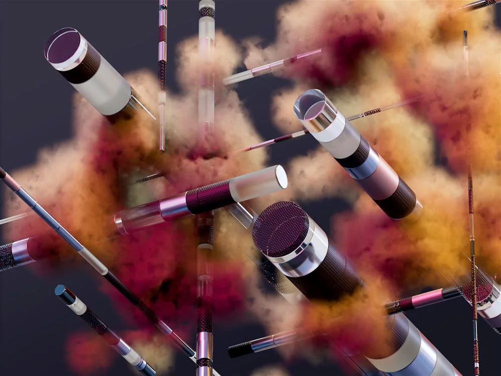 Silver capsules suspended in drifting colored smoke, representing the failure modes that derail productizing a consulting framework