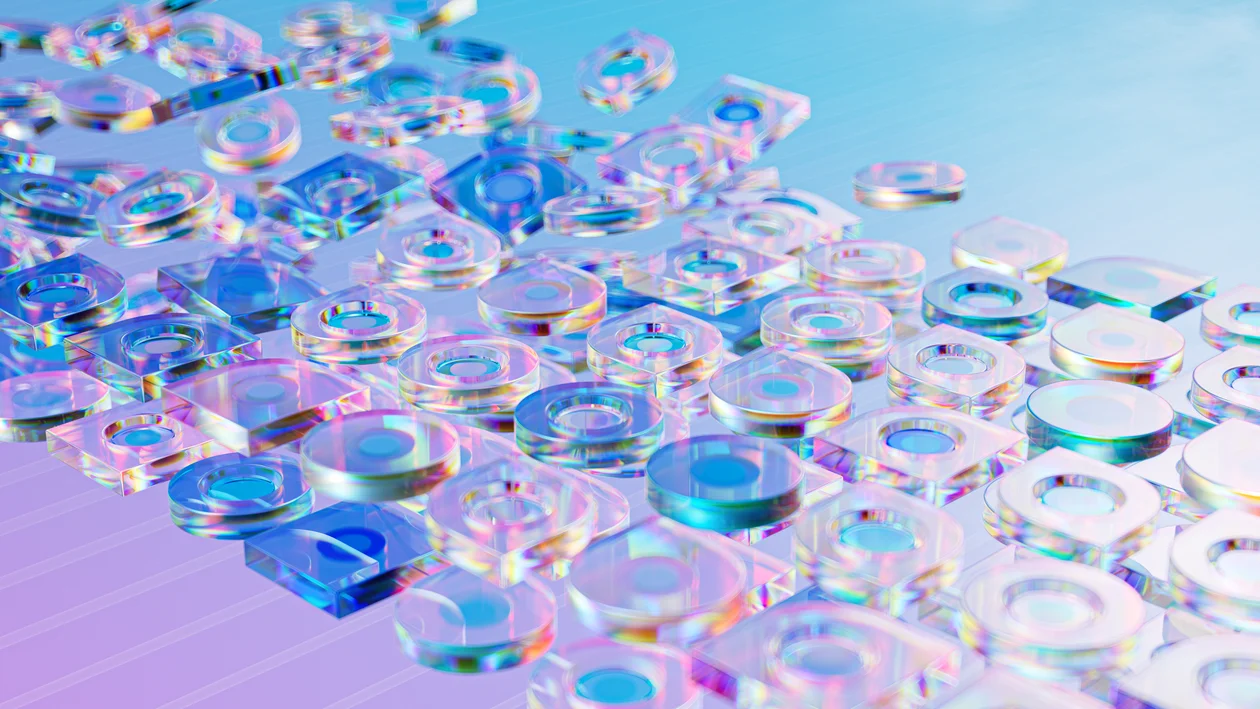 Holographic glass objects in an abstract render, representing an AI platform that holds a coach's methodology and isolates each client