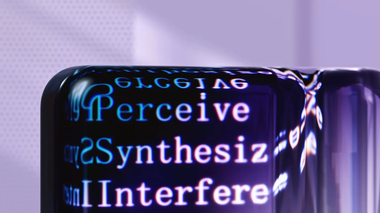 Glassy AI cube rendering the words perceive, synthesize, and interfere, representing the cognitive tasks AI can replace in consulting work