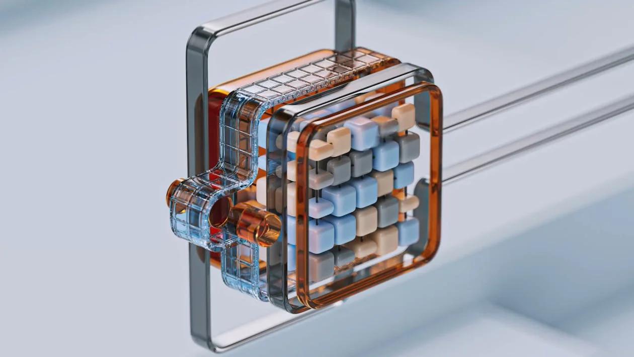 Abstract 3D render of structured cubes from Google DeepMind, representing the five-step process to remove yourself from operations as a consultant