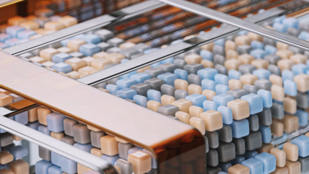 Dense grid of identical pastel blocks on a conveyor, representing commoditised information that AI now delivers at near-zero cost