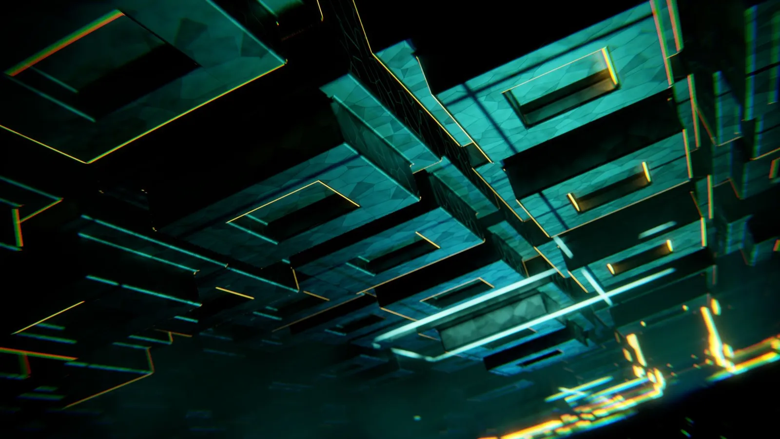 Abstract 3D geometric forms lit with neon light, representing the structural choice behind AI software for service businesses