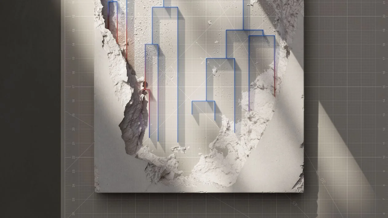 Cracked plaster surface overlaid with thin chart lines, representing the line between data AI can process and the judgment AI cannot replace