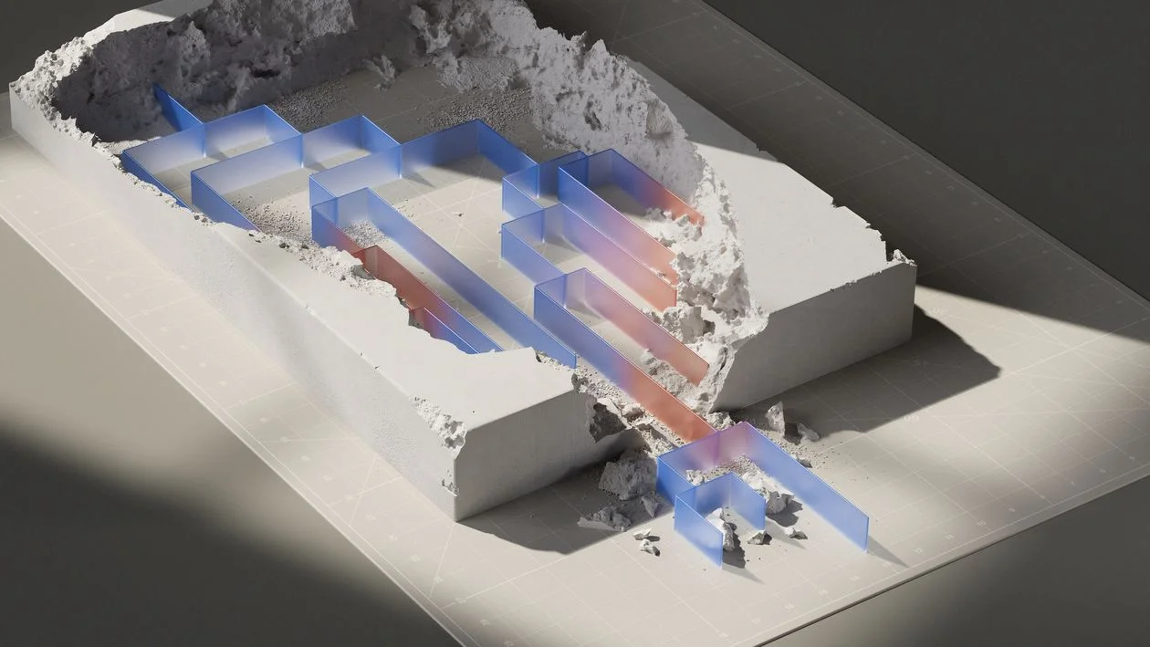 Translucent maze-like pathway carved through pale terrain, representing the step-by-step process to productize a consulting framework
