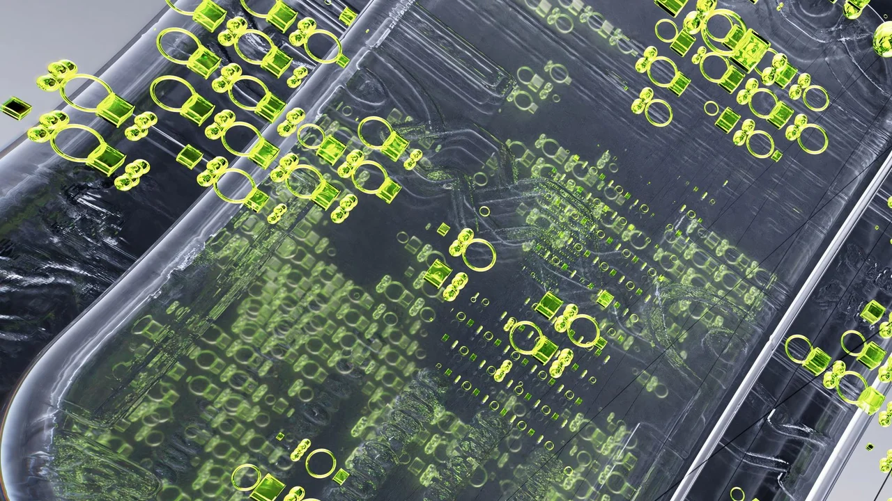 Glowing green data structures sealed inside a translucent chip, representing per-client AI memory and isolated client data in a secure workspace
