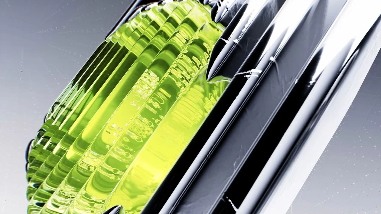 Layered green glass and polished chrome render, representing the economics that change when you productize a consulting framework