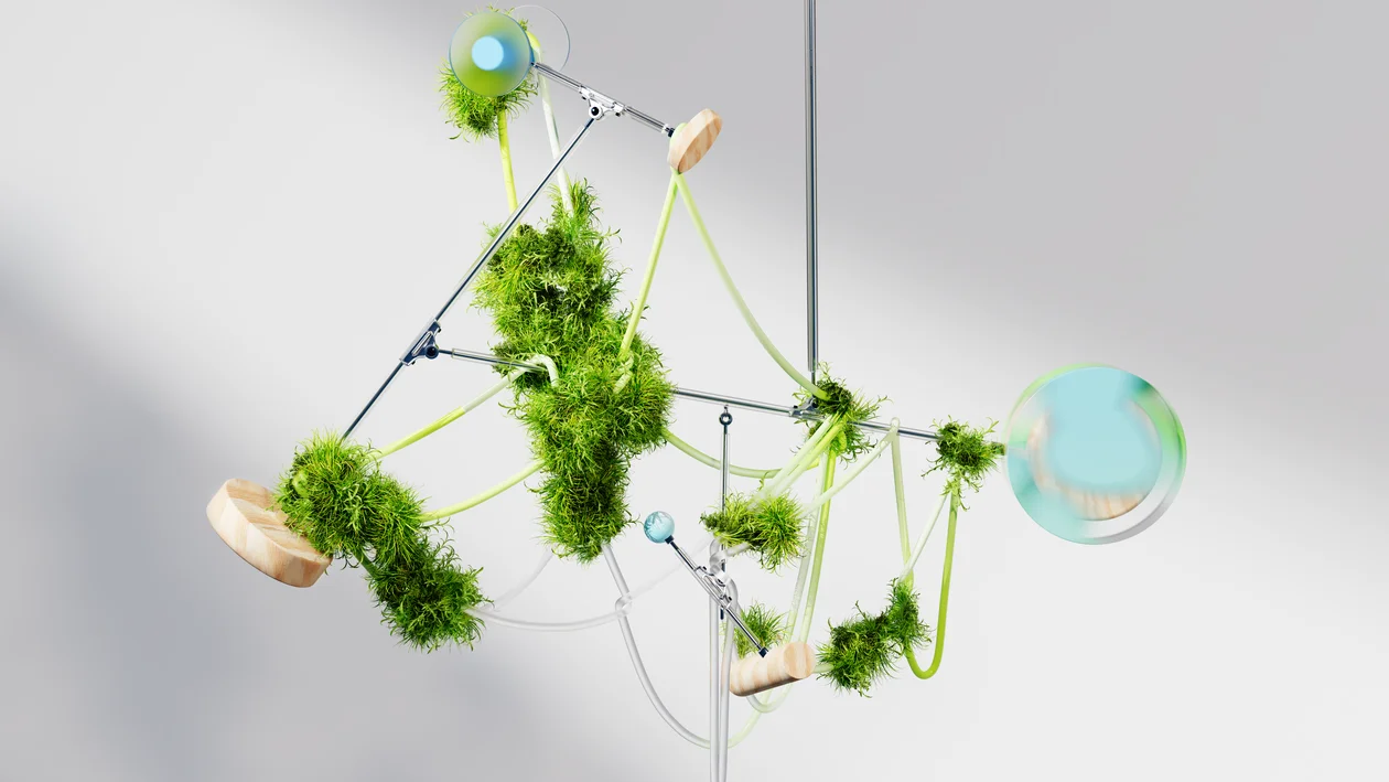 Abstract AI sculpture of green growth on a metal frame, representing the structure a coaching business needs to grow past the course model