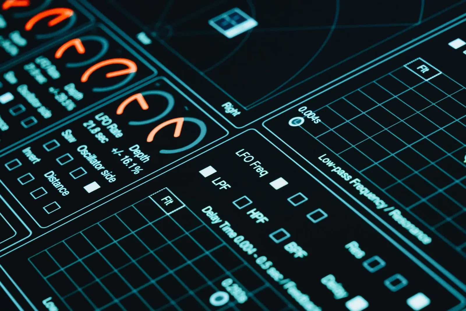 A dark analytics interface showing graphs and metrics, representing the criteria used to evaluate AI software for service businesses