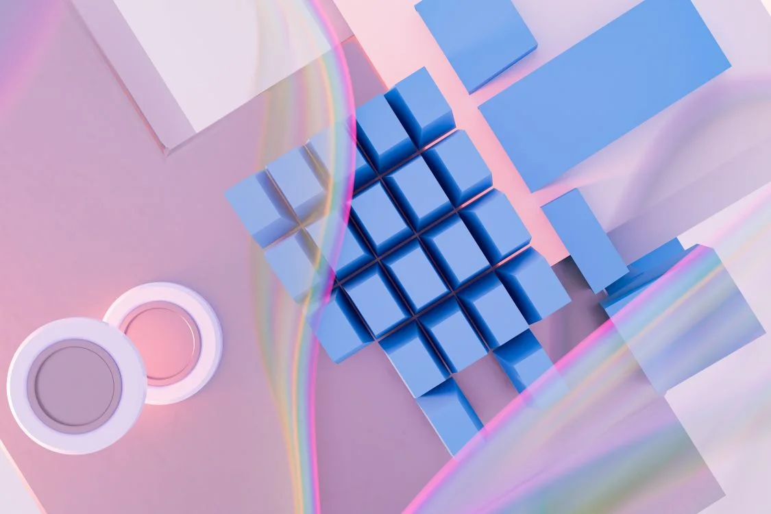 Abstract 3D render of blue cubes and rainbow waveforms, representing expertise applied to every client after the pivot from courses to services
