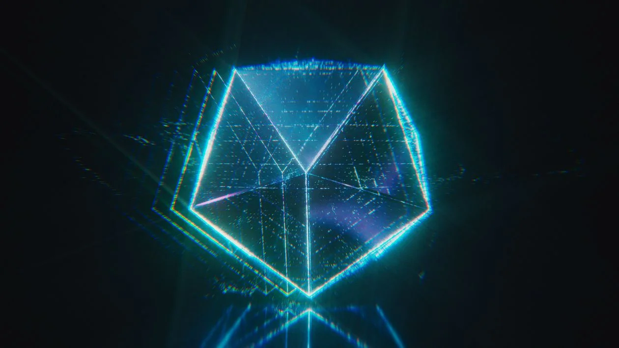 Glowing neon polygon suspended in dark space, representing the defined scope boundary of a productized service with AI