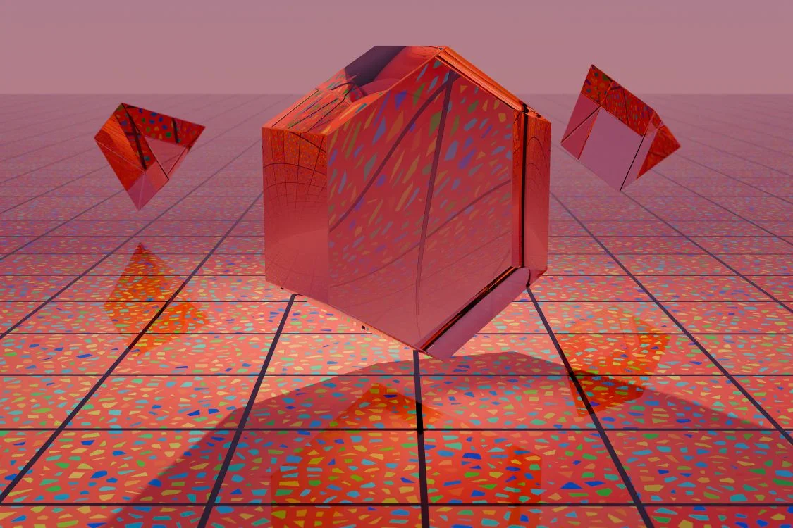 Abstract 3D render of colorful geometric shapes on a reflective surface, representing the pivot from courses to services in the AI era
