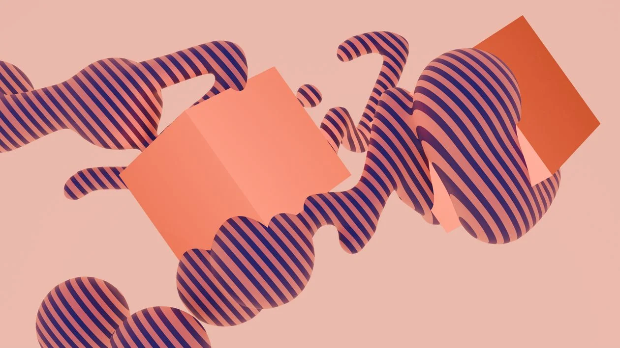 Abstract 3D render of striped geometric shapes in soft tones, representing the five-step process to pivot from courses to services in the AI era
