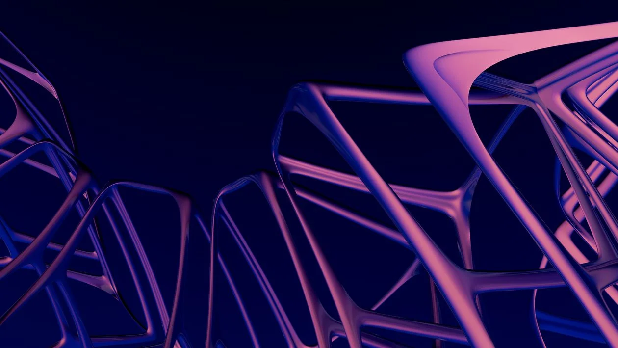 Abstract 3D render of luminous purple geometric shapes on a dark background, representing AI service delivery that applies one methodology across every client