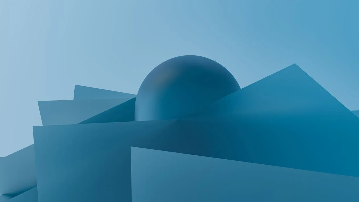 Abstract 3D render of blue geometric shapes around a sphere, representing one methodology organised into a service before the pivot from courses to services
