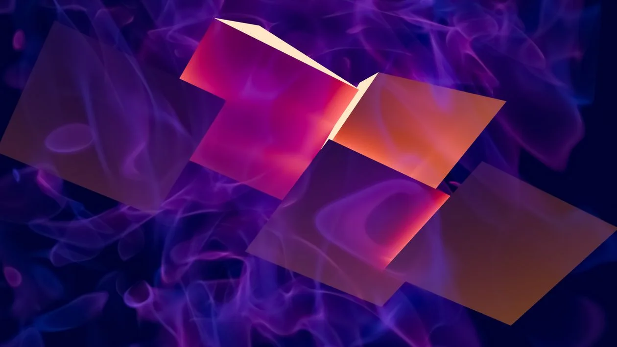 Abstract 3D geometric planes suspended in a purple energy field, representing an AI system holding business context and client context at once