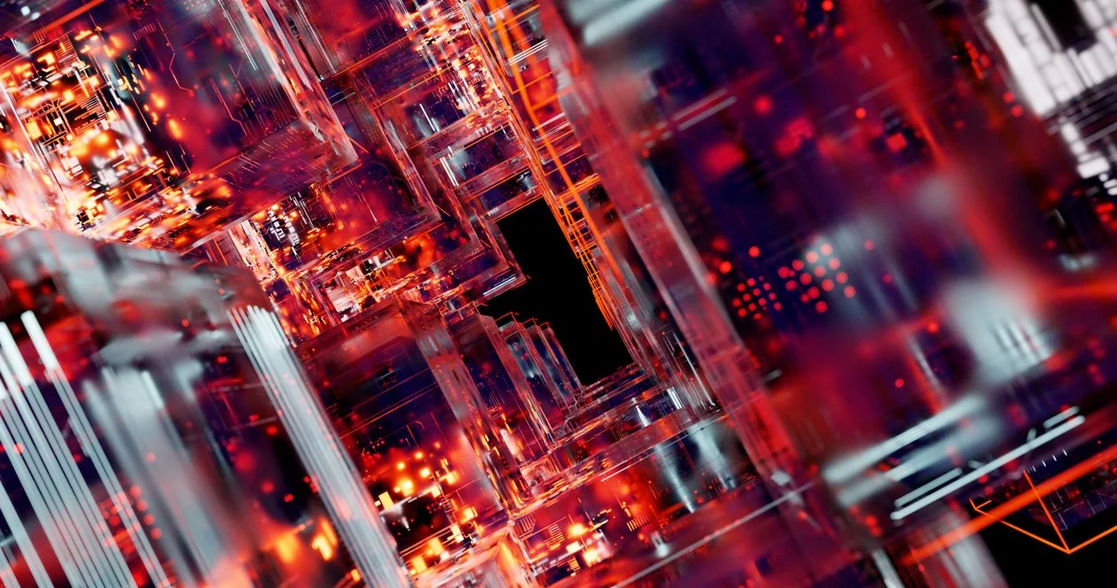 Multicolored digital circuit patterns on a dark field, representing routine client tasks handled by an AI system instead of the founder