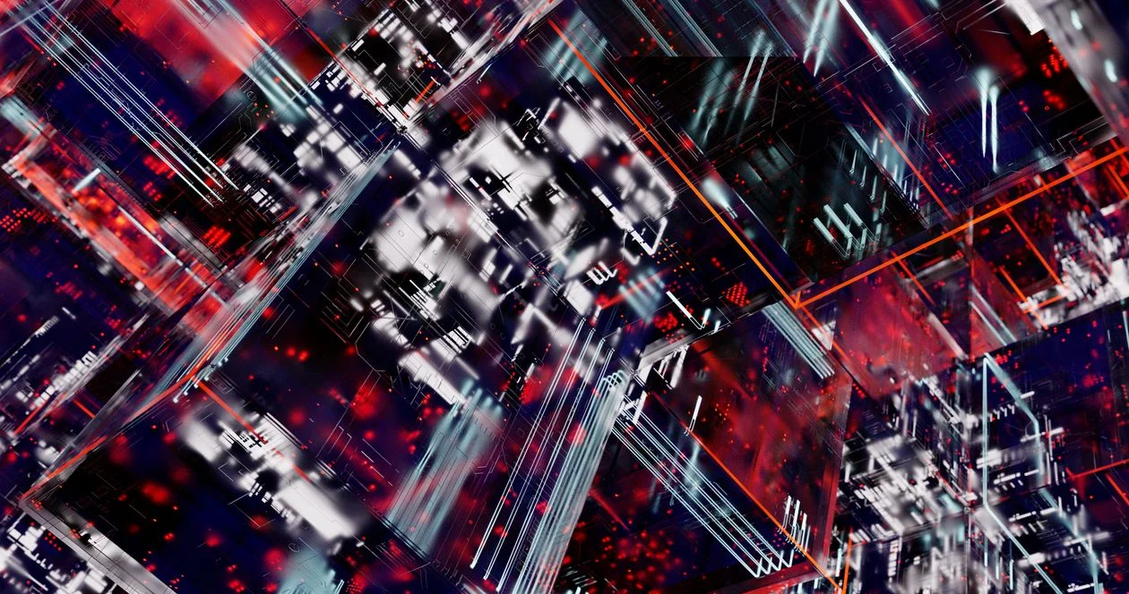 Abstract digital circuit and data-flow visualization, representing client work automation running through one connected system