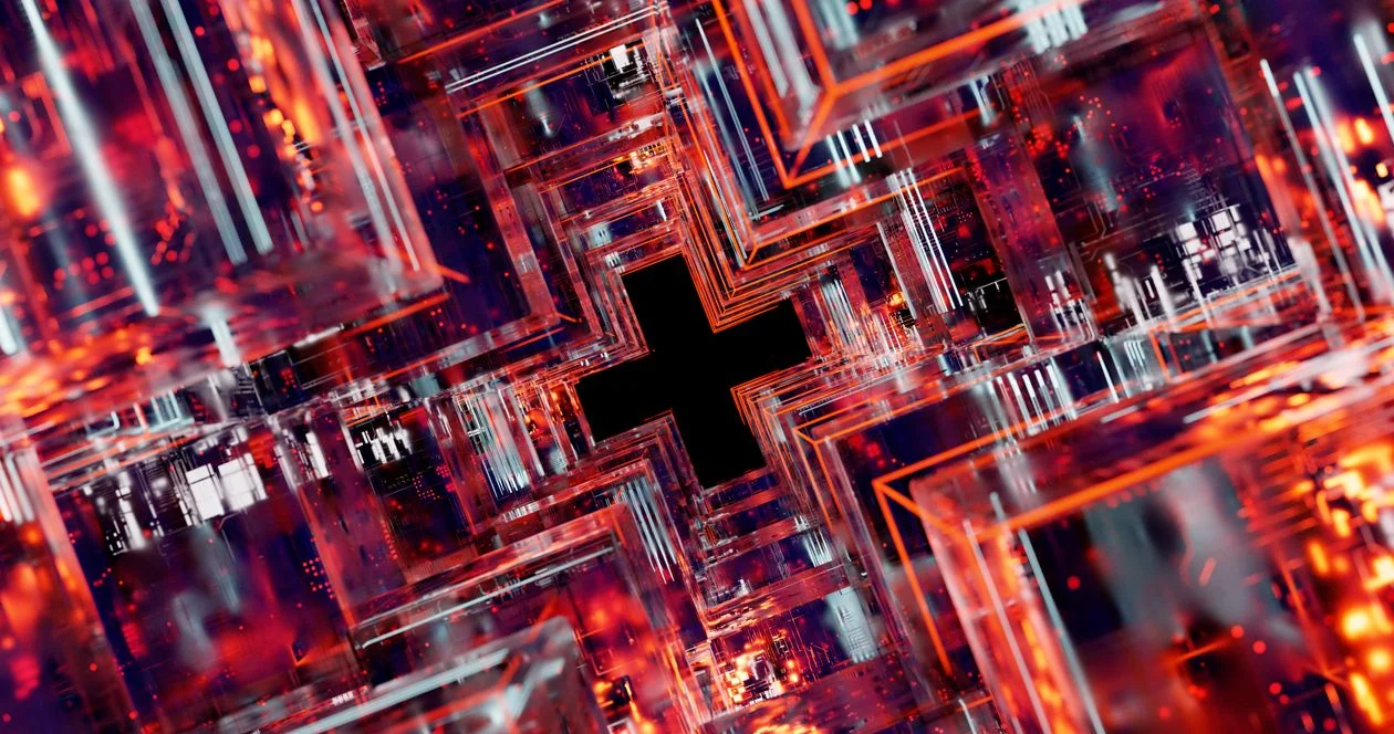 Abstract 3D geometric digital art in red and orange, representing the structure that lets you scale high-ticket consulting with AI