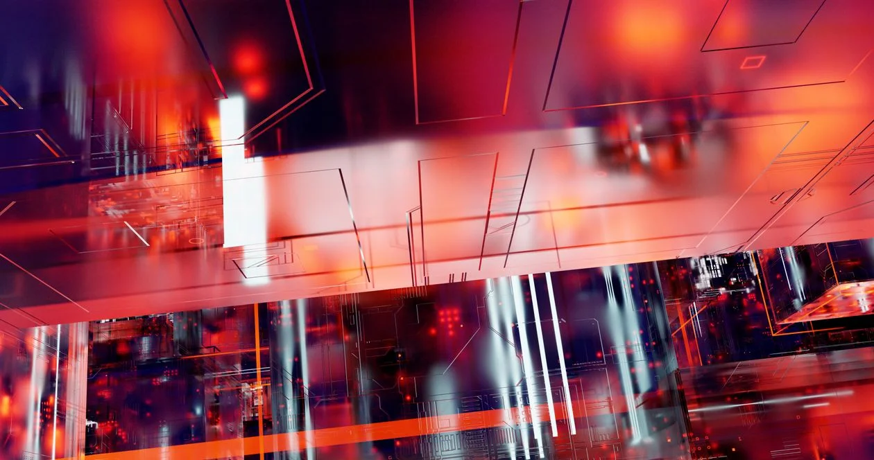 Abstract render of overlapping circuit panels in red and violet bleeding into each other, representing where client data mixes when generic AI has no isolation