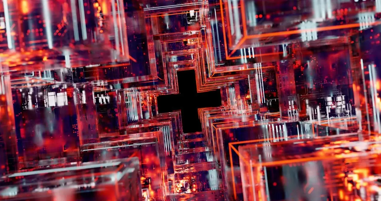 Abstract render of red and orange circuitry with a clean black cross at its center, representing why generic AI does not work for client services