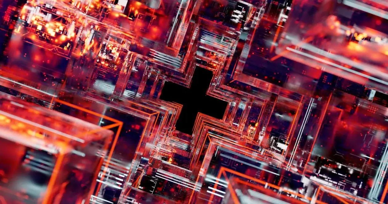 Abstract render of dense red circuitry with a clean black cross cutting through it, representing the structural separation generic AI cannot provide for client services