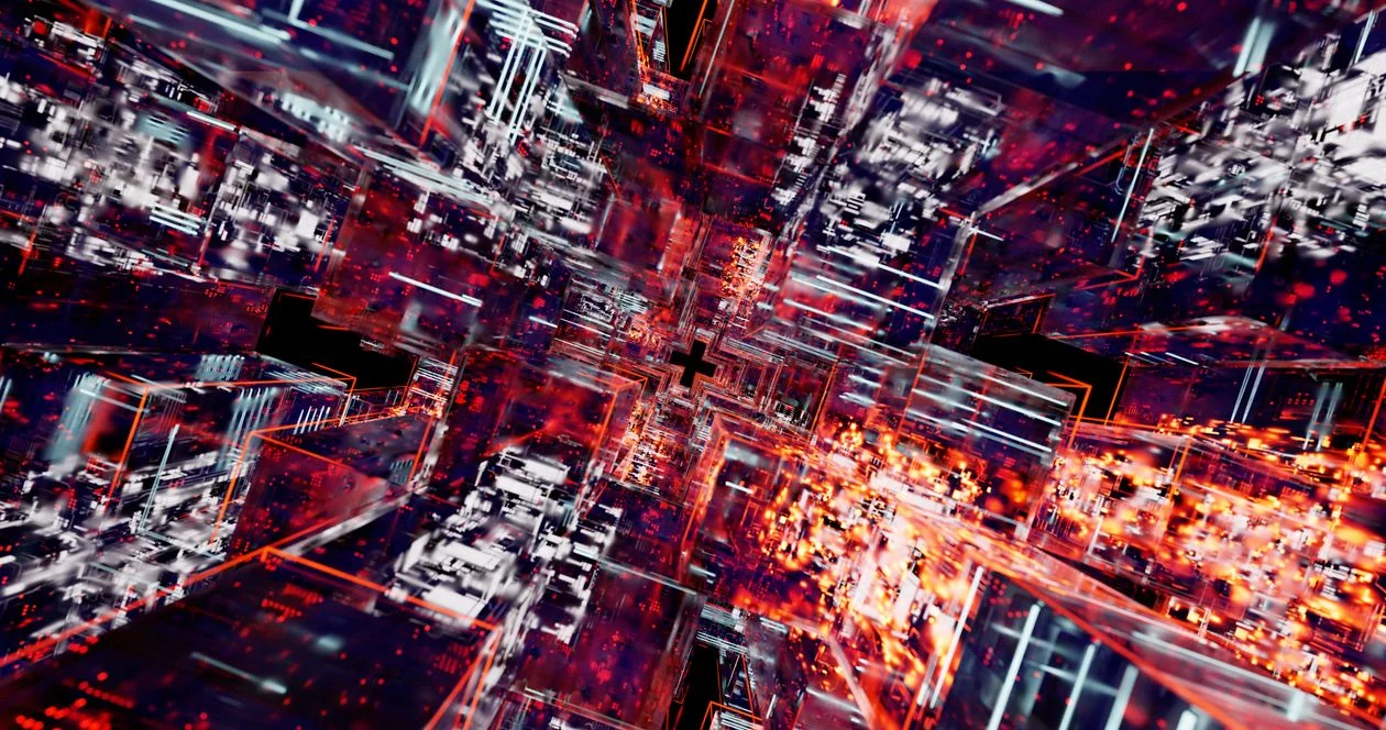Futuristic digital matrix of glowing connected elements, representing an intelligent service delivery platform that applies your Brain to each isolated client workspace