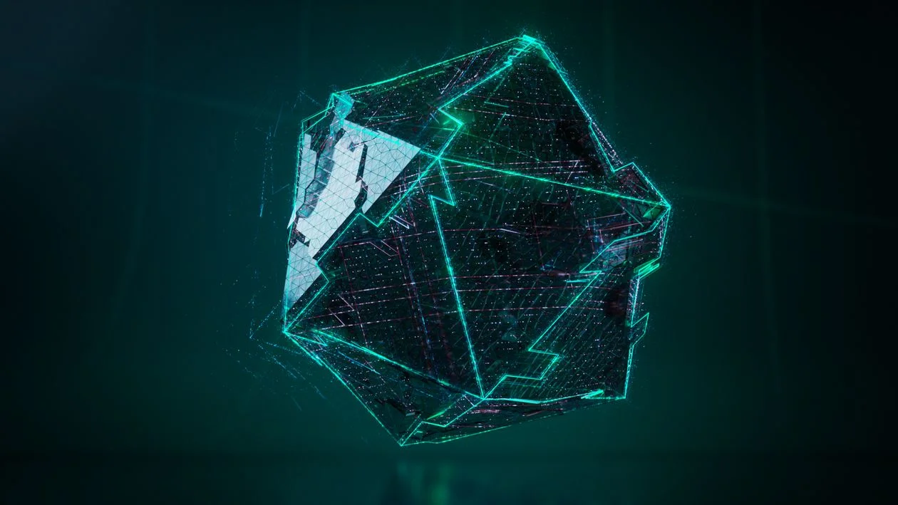 Abstract neon geometric shape representing structured data architecture for safe AI use across multiple client contexts