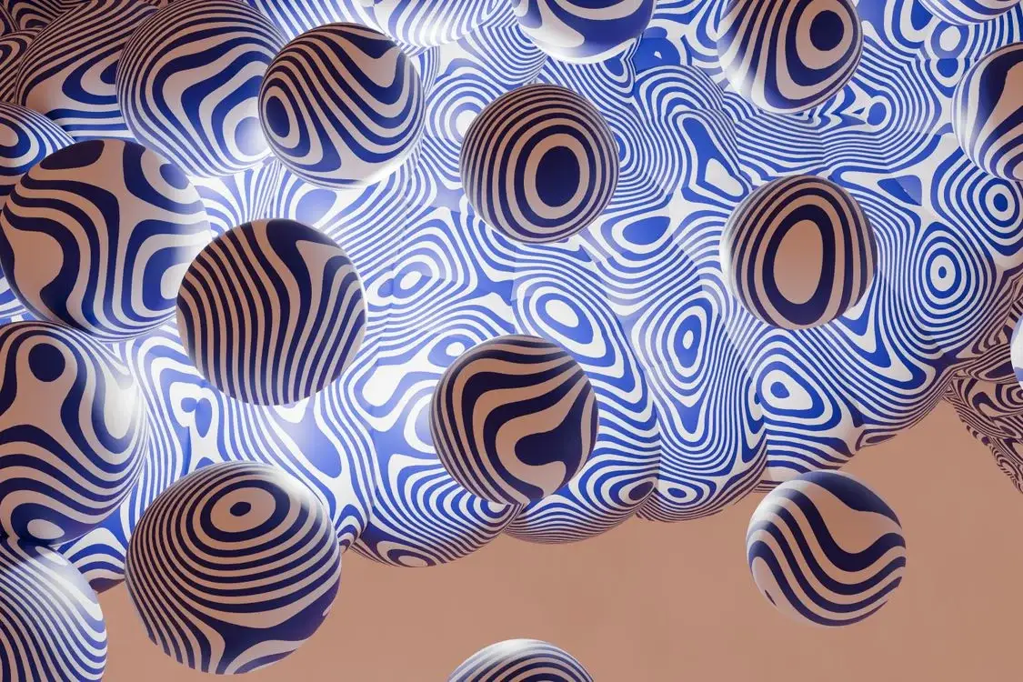 Dozens of patterned 3D spheres in one composition, showing one methodology applied consistently across many isolated client workspaces
