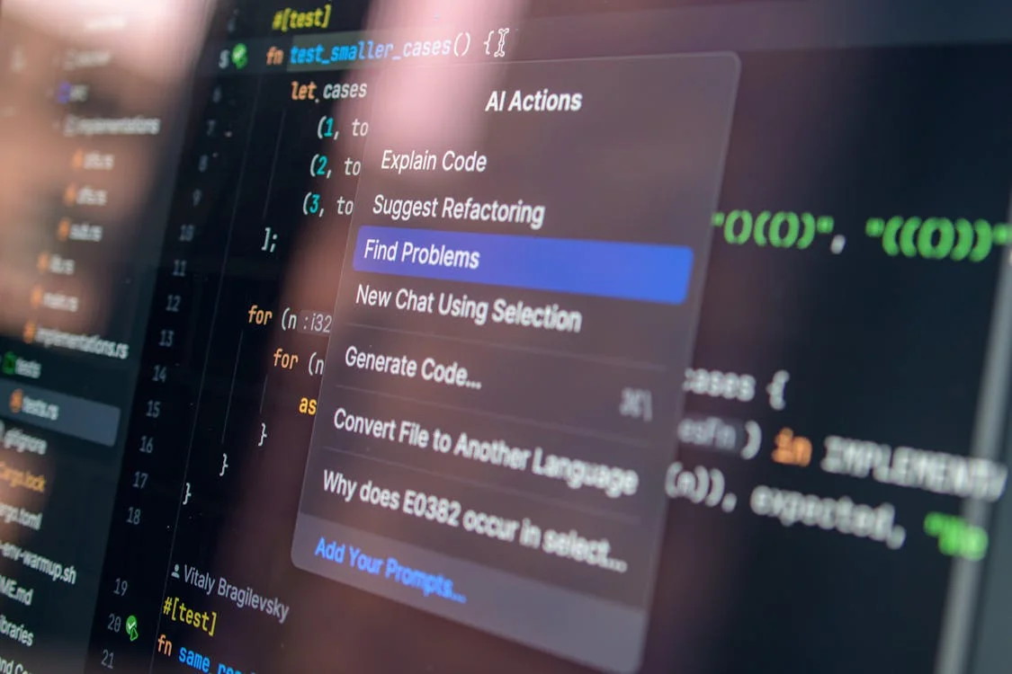 Computer screen showing code with an AI debugging overlay — intelligent automation built directly into the workflow