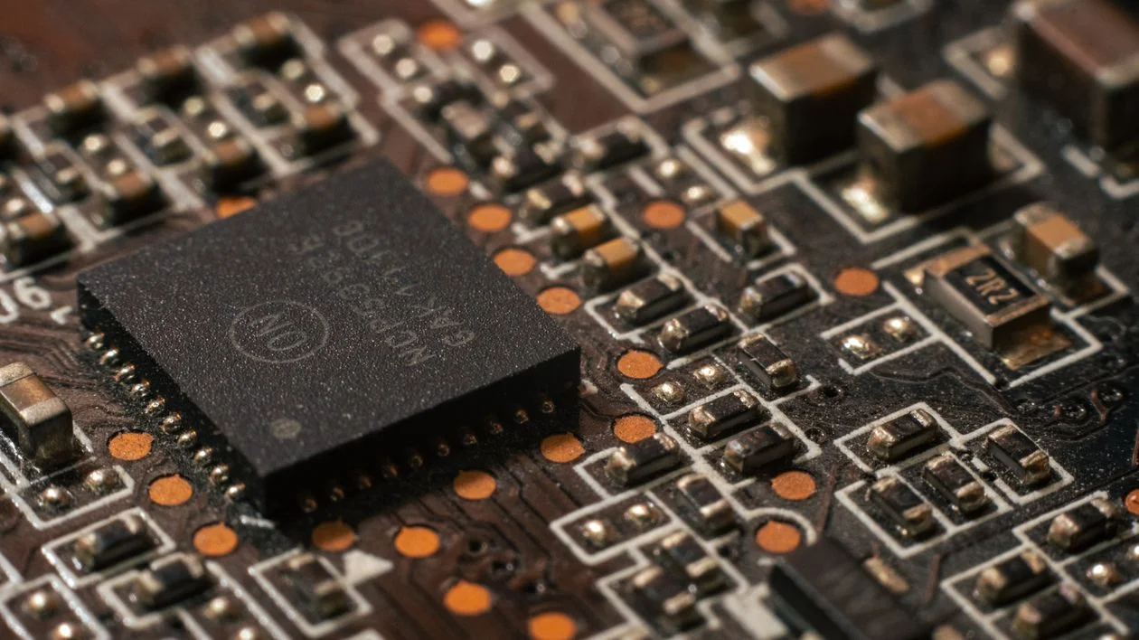 Close-up of a circuit board with a black microchip, representing what happens to client data when ChatGPT retains and processes it