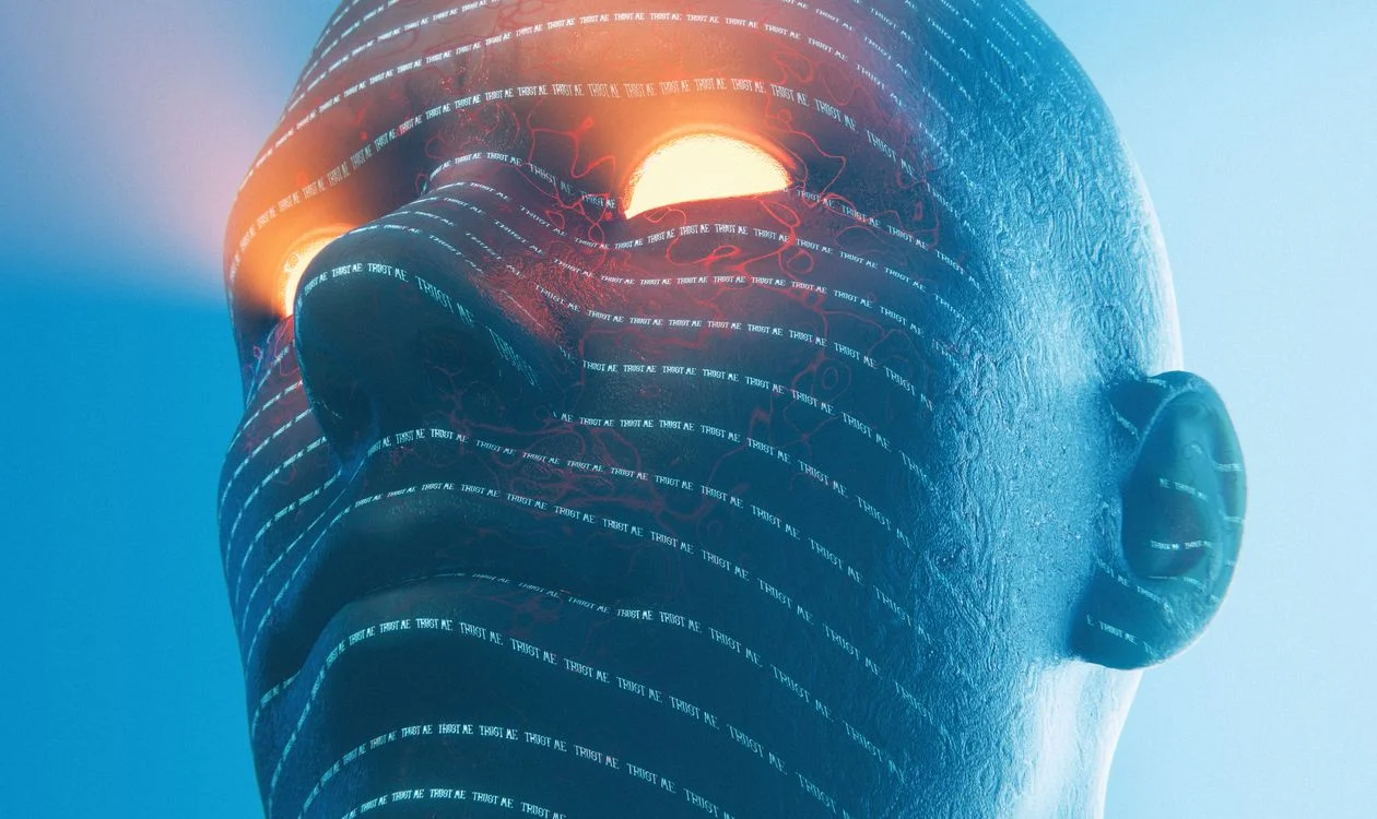 Cyberpunk-style AI robot face with glowing eyes, representing a system learning to apply your methodology and judgment across every client