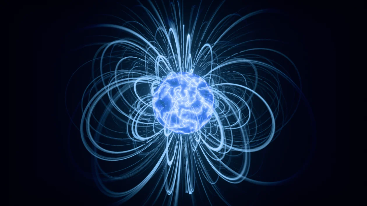 Blue magnetic field lines curving around a glowing sphere, representing the structured system behind productized services with AI