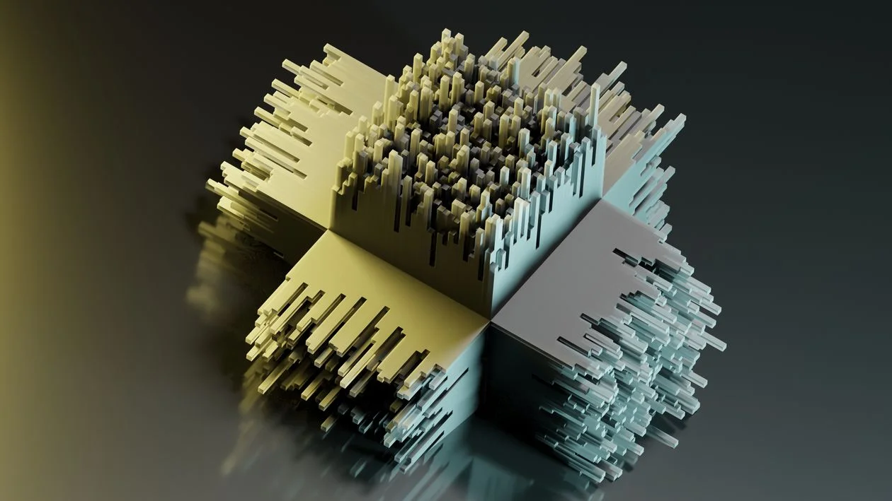 Layered 3D geometric structure with gradient lighting, representing the architecture behind productized services with AI