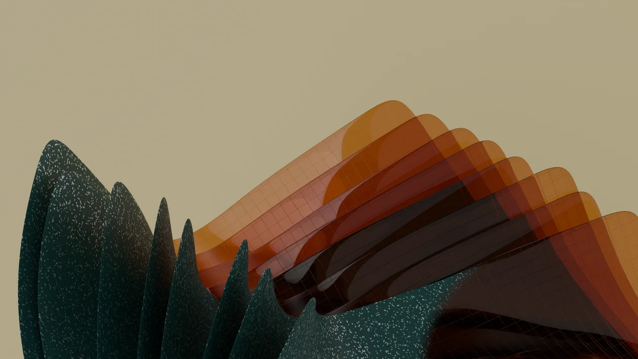 Layered translucent 3D forms stacked in sequence, representing the business context and client context held as separate layers by AI