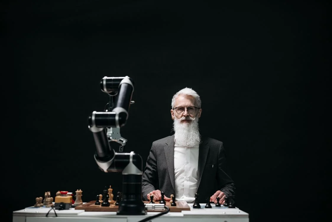 Man in a suit playing chess against a robotic arm, showing the split between human judgment and AI trained on proprietary methodology
