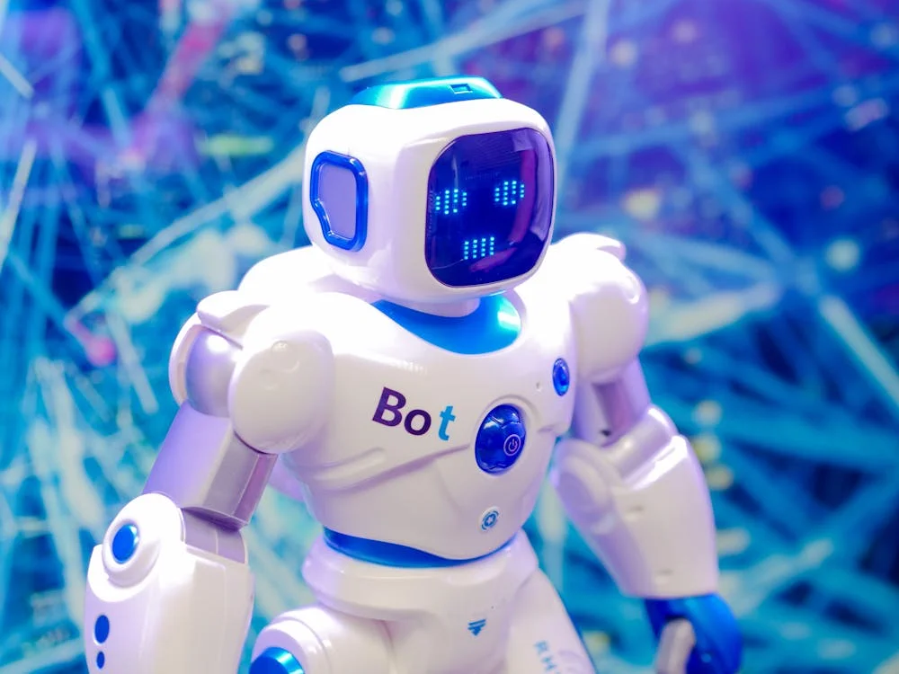 Humanoid robot with LED face display representing AI systems built for structured client data isolation