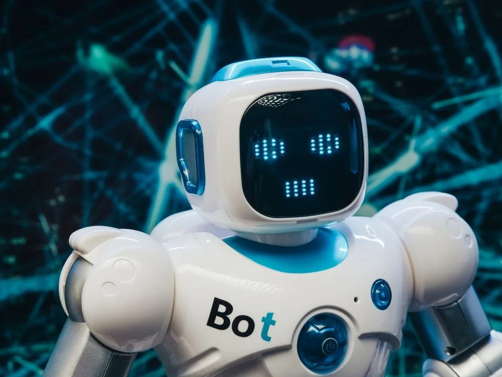 Friendly white robot in front of a glowing neural network, representing AI applying one methodology so a service business can serve more clients with the same team