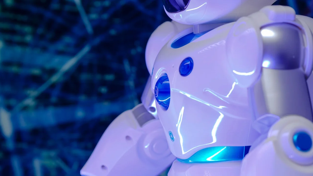 White and blue robot against a circuit-board background, representing an AI system built to keep client data separate by design